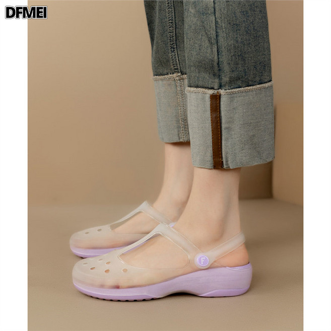 QRU 洞洞鞋女防滑花園拖護士鞋厚底果凍沙灘涼鞋平底女鞋大碼塑料, 10 cm, 淺紫瑪麗珍:35(適合34腳胖和35腳)