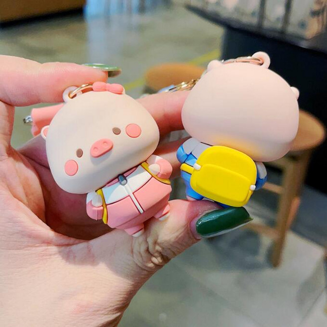 러키라이프 귀여운 돼지 캐릭터 키링 2종 세트, 블루+핑크 체육복