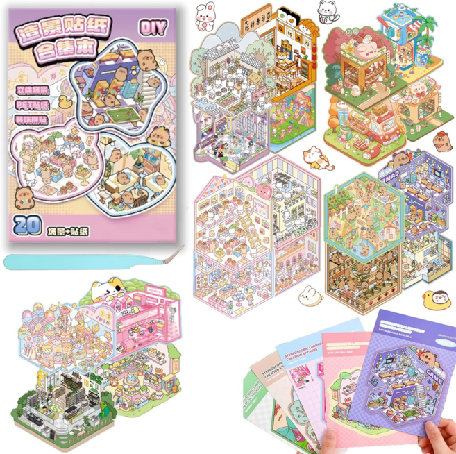 Soolink 20종 테마 3D 집꾸미기 스티커 북 방꾸미기 모음집 핀셋 DIY 카피바라, 1개, 핑크