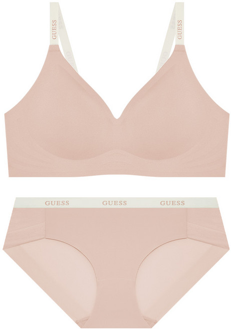 게스언더웨어 캐주얼 솔리드 프리컷 브라 팬티 세트 - 베이지
