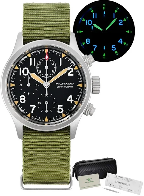 밀리타도 ML1868KF 3 다이얼 크로노그래프 스포츠 시계 VK67 스윕 쿼츠 사파이어 글래스 방수 BGW9 39mm 빈, 02 GN Nylon No Date