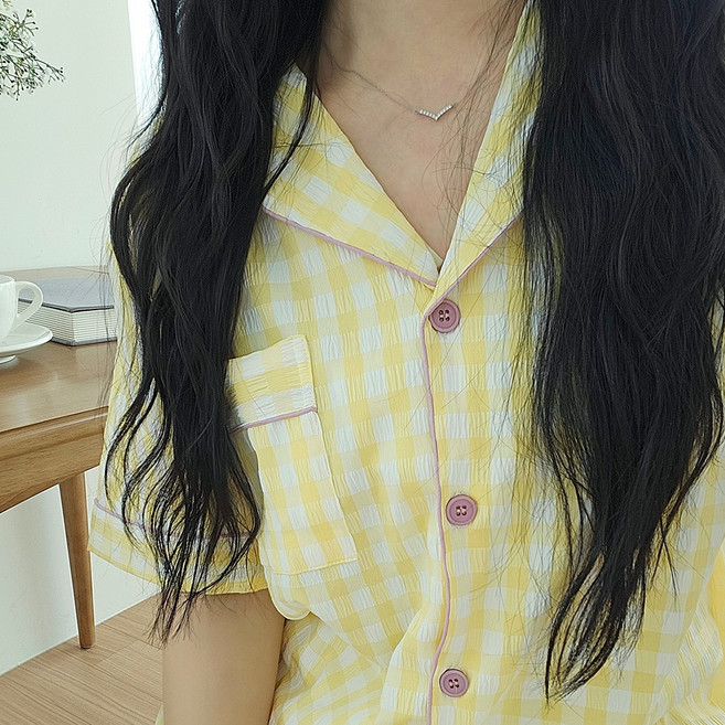 엘라운지 여성용 샤벳 지지미 체크 반팔 파자마 세트