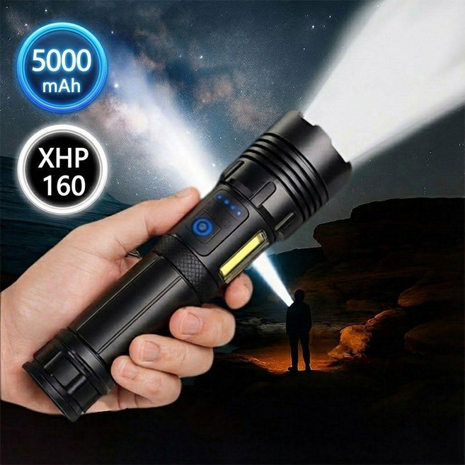 대형 사이즈 Keebright XHP160 초강력 LED 손전등 충전식 5000mAh 대용량 야외 비상 캠핑, 1개