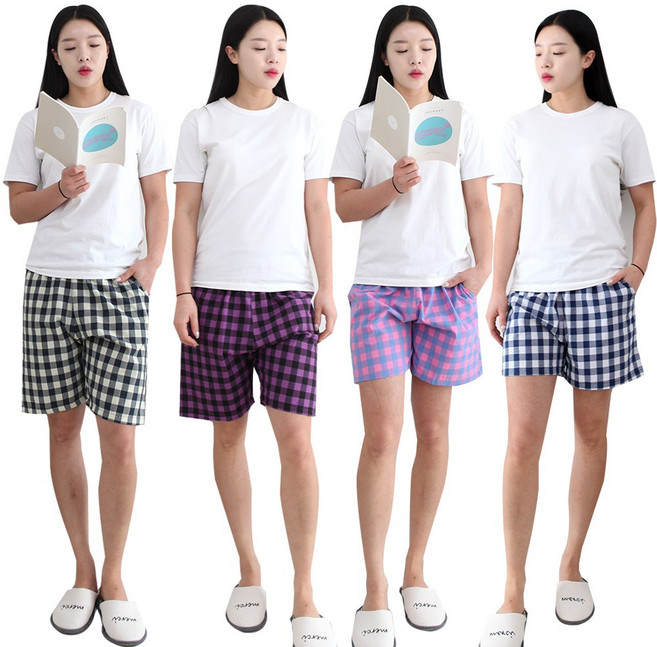 슬레진저 여성 큰체크 3부 5부 잠옷 바지 주머니 면 여자 파자마 반바지 홈웨어 하의