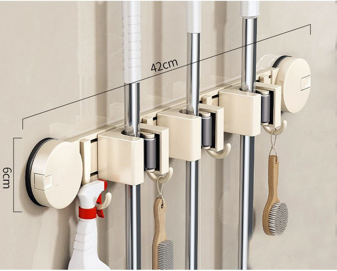 보브온 원터치 무타공 흡착 욕실 청소 도구거치대 3구, 아이보리, 1개