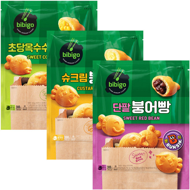 비비고 붕어빵 3개 (단팥1+슈크림1+초당옥수수1), 비비고 붕어빵 3봉 (단팥1+슈크림1+초당옥수수1), 1세트, 300g