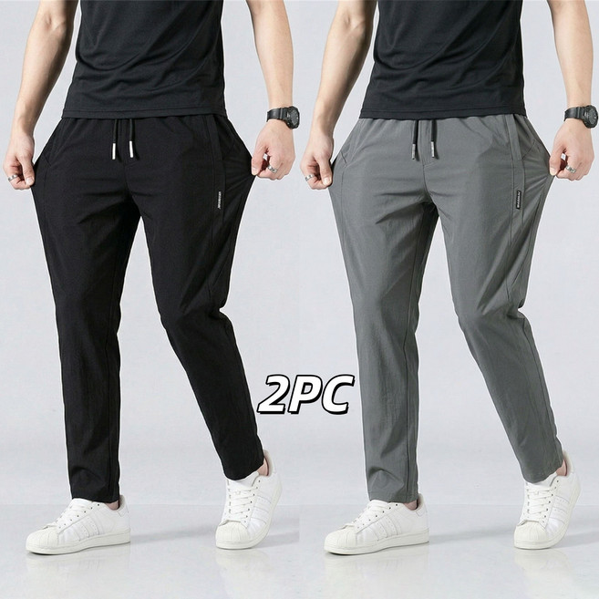 FINALSENSE 1+1 여름용 남성 롱팬츠 고탄력 캐주얼 팬츠 아이스 쿨 냉감 운동 피트니스 팬츠 루즈핏 빅사이즈 블랙+그레이 M-5XL
