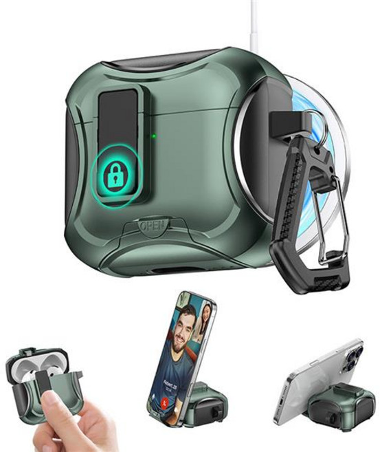 에어팟 4 3 2 1 프로 잠금 락 스위치 마그네틱 무선충전 브래킷 거치대 이어폰 젤 하드 범퍼 키링 케이스, 그린블랙 sap1606, 에어팟프로1, 1개