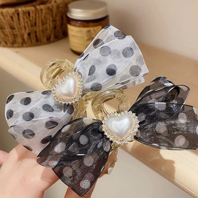 [2개1세트] 워더미 하트 진주 포인트 도트 쉬폰 반머리 집게핀 CHF365