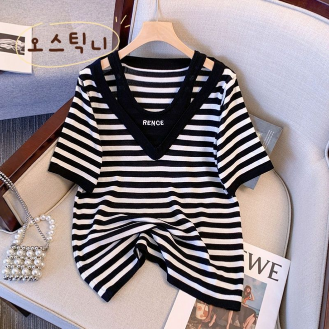 오스틱니 150kg까지 빅사이즈 날씬해보이는 레이어드 스트라이프 반팔 티셔츠 여성 여름 편한 루즈핏 배색 브이넥 얇은 시원한 오버사이즈 캐주얼 반팔티 영문티 데일리 티