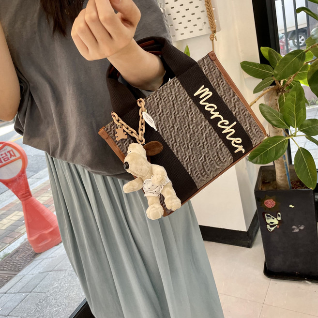 키링포함 마르쉐 자수 헤링본 토트백 크로스 캔버스 사각 손가방 골프 인스타패션