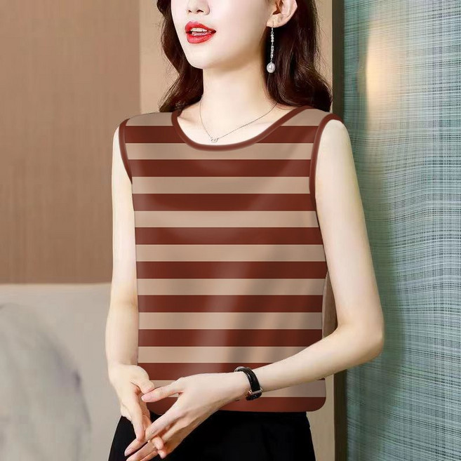 메인워크 중년 여성 민소매 티셔츠 여름 냉장고 엄마룩 라운드 루즈핏 나시 스트라이프 기질 패션 데일리 풀오버 나시 상의