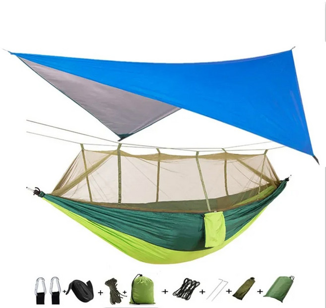 DS DE 경량 모기장 해먹 방수포 휴대용 캐노피 방수 천막 나일론 210T 캠핑 텐트, Blue and lightgr n, 11 Blue and lightgreen