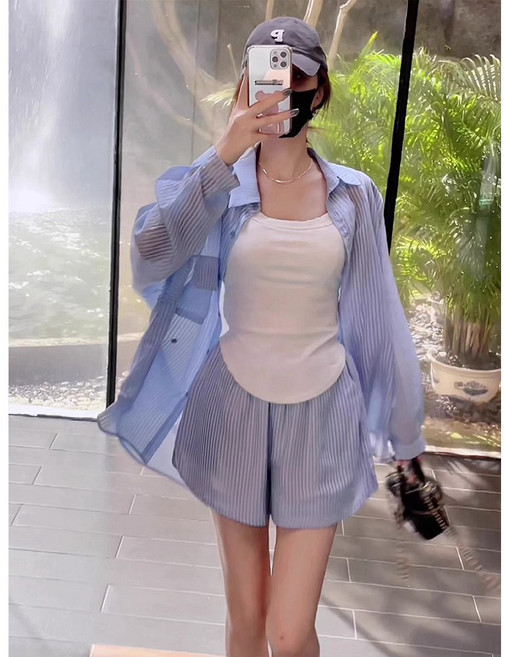 칩썬데이 스트라이프 박시 시스루 셔츠 반바지 투피스 세트 수영복커버업