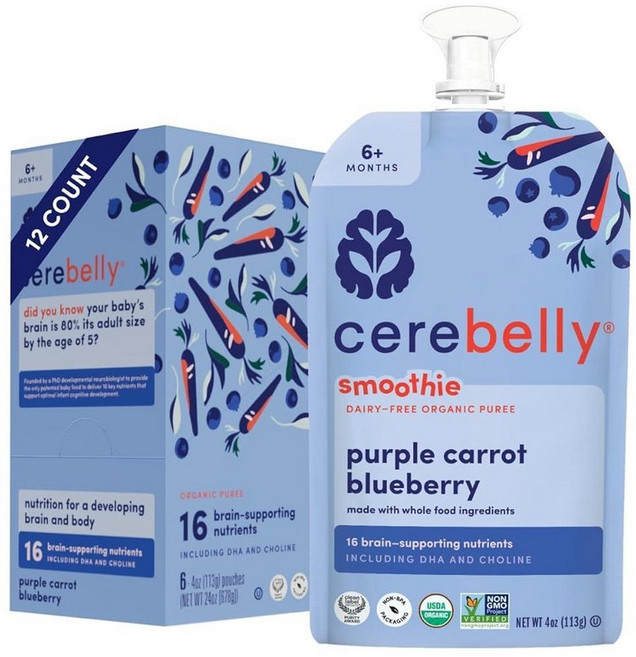 Cerebelly 이유식 파우치 – 유아용 유기농 유제품 프리 스무디 | 설탕 섬유질 GMO 프리 | 아기 스무디 파우치 | 118.3ml(4온스) BPA 프리 파우치 |, 4온스(12팩), 퍼플 당근 블루베리