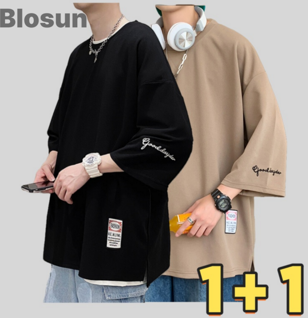 Blosun 남자 1+1 반팔티셔츠 2장 세트 트렌드 반팔 남성 반팔티 클래식 티셔츠 여름 빅사이즈 7부 소매