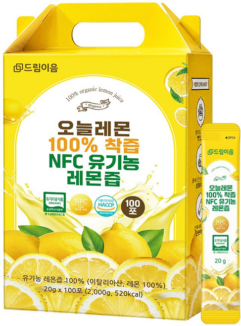 [대용량] 드림이음 오늘레몬 NFC 유기농 레몬즙 20g x 100포, 2kg, 1박스