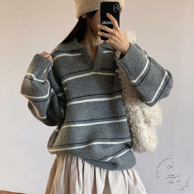 예쁨시전 포근 울 박시핏 풀오버 브이 카라넥 스트라이프 니트