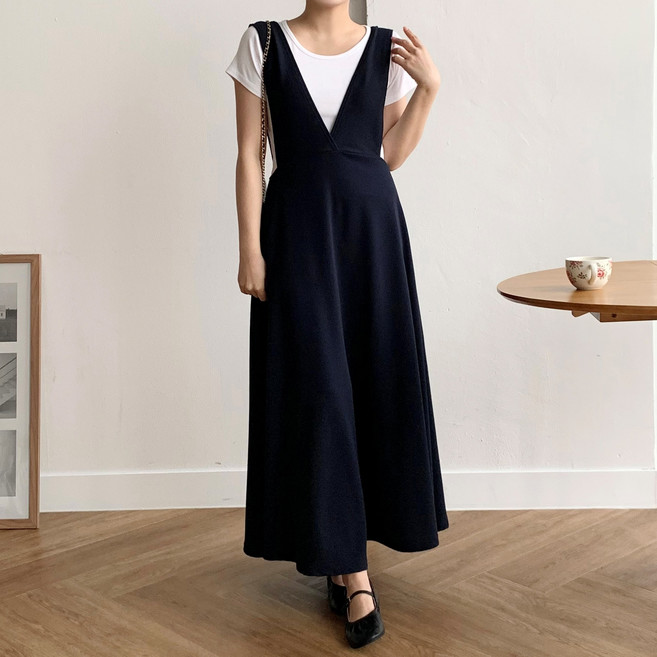 더한땀 플레어 A라인 민소매 레이어드 롱 원피스 오피스룩 하객룩