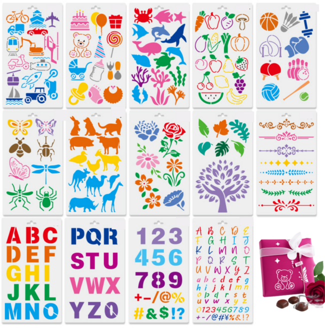 제고비 다용도 DIY 스텐실 도안 14종 세트 종합(알파벳/숫자/동물/꽃/스포츠/여행/공예), 1세트