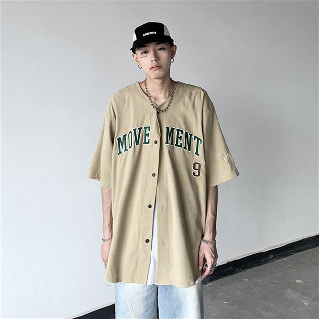 besteffie 학원풍 남성 여름 반팔 야구 점퍼 캐주얼 면 소재 오버핏 전면 버튼 레터링 디자인 남자 빈티지 아우터 K78