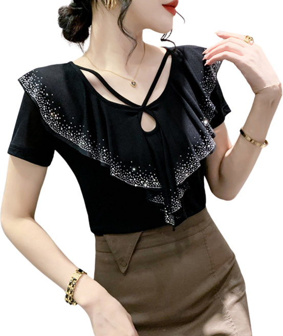 댄스복 상의 브이넥 망사 프릴 펀칭 핫피스 티셔츠 라인댄스복 뉴타임즈F242027