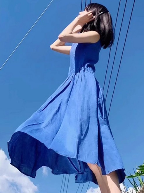 法式無袖夏季連衣裙女 海邊度假藍色長裙, 藍色,l