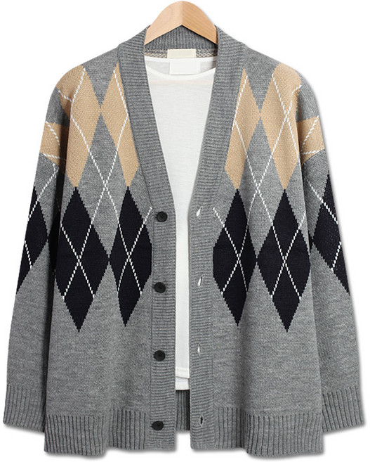 컬러배색 오버핏 아가일 가디건 (TR843)