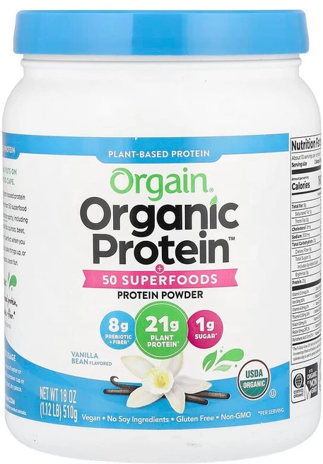 Orgain Organic Protein™ 분말 + 50가지 슈퍼 푸드 식물성 바닐라빈 510g(1.12lb) OGA-00735, 1 - 쿠팡