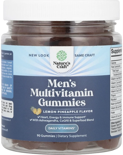 단백질 비타민 철분 마그내슘 칼슘 Nature's Craft 남성용 종합비타민 구미젤리 레몬 파인애플 구미젤리 90개 고루고루섭취해주세요, NaturesCraft남성용종합비타민구미젤리레몬파인애플, 1개 - 쿠팡