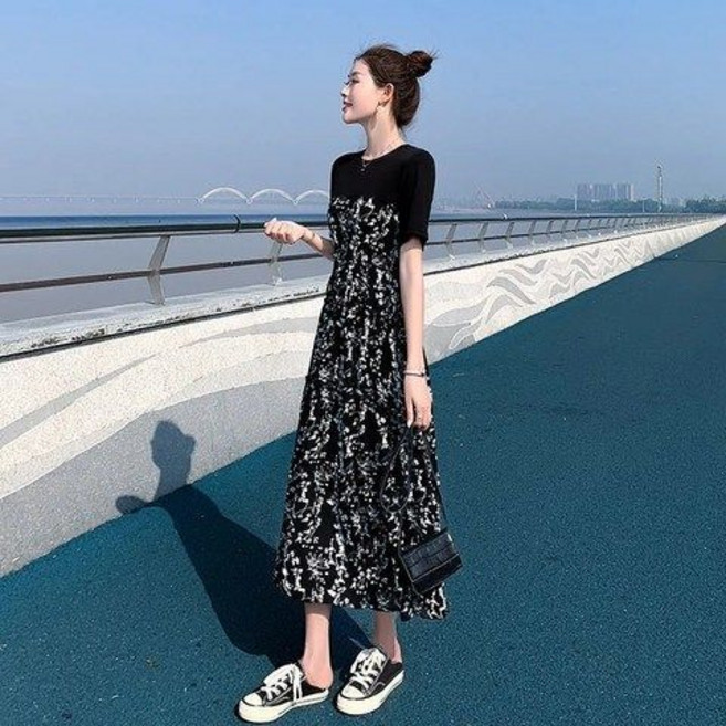 短袖洋裝 拼接碎花連衣裙女 夏裝薄款透氣 赫本風中長裙 高腰顯瘦 大碼女裝, M,黑色