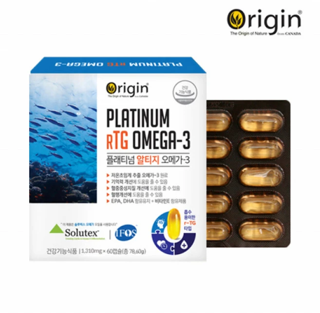 오리진 플래티넘 RTG오메가3 알티지 영양제 엔쵸비오메가3 멸치 오메가쓰리 DHA EPA 지방산 제품 2개월분, 60정, 2개 - 쿠팡