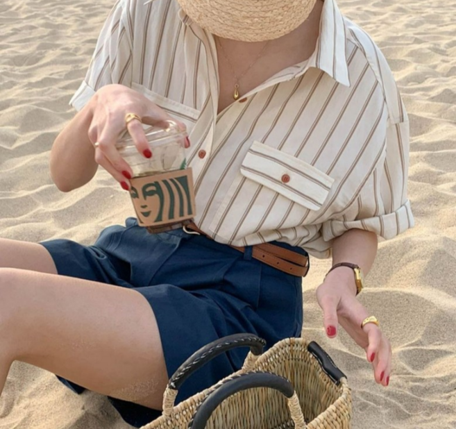 더블공주 여성 투포켓 스트라이프 반팔 남방 셔츠