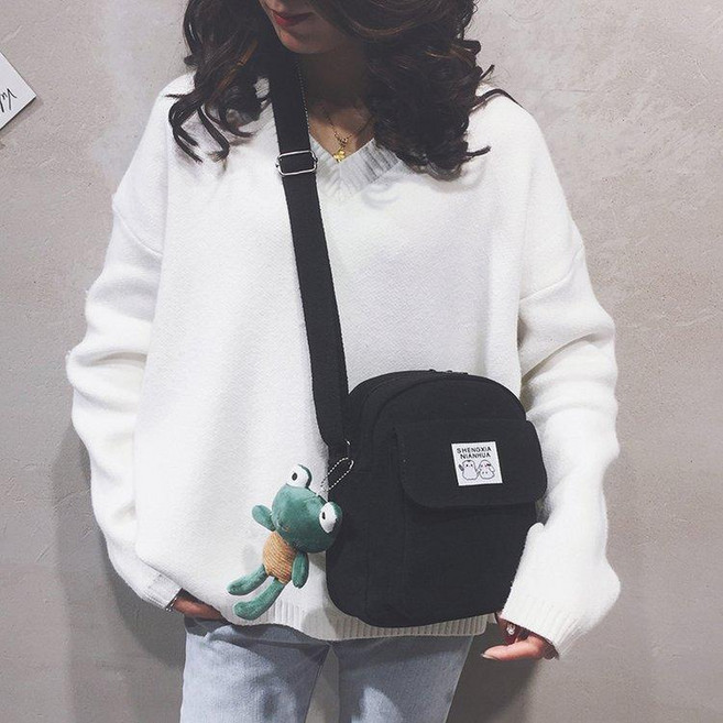 帆布斜挎包 韓版少女心軟妹風, 黑色