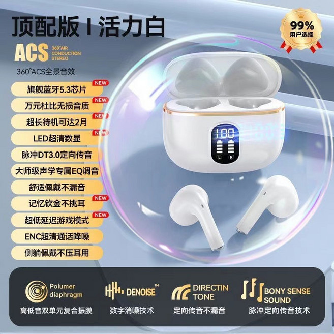 爆款無線藍牙耳機高音質X87雙耳真無線入耳式TWS立體聲數顯續航, 旗艦, 白色