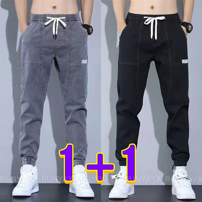 1+1 봄 가을 배기바지 남성 캐주얼 바지 와이드 조거 스트링 밴딩 청바지 캐주얼 데님 일자 통바지 D88U