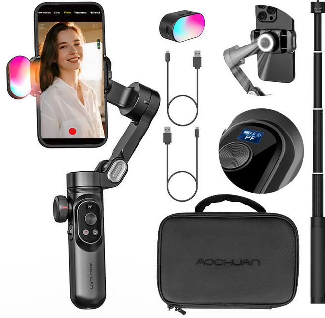 AOCHUAN XPRO COMBO1 스마트폰 짐벌 삼축 안정기 AI 자동 추적 안티셰이크 블루투스 셀카봉 삼각대 겸용 접이식 Vlog 유튜브 촬영용, 1개, 검은색, XPRO COMBO