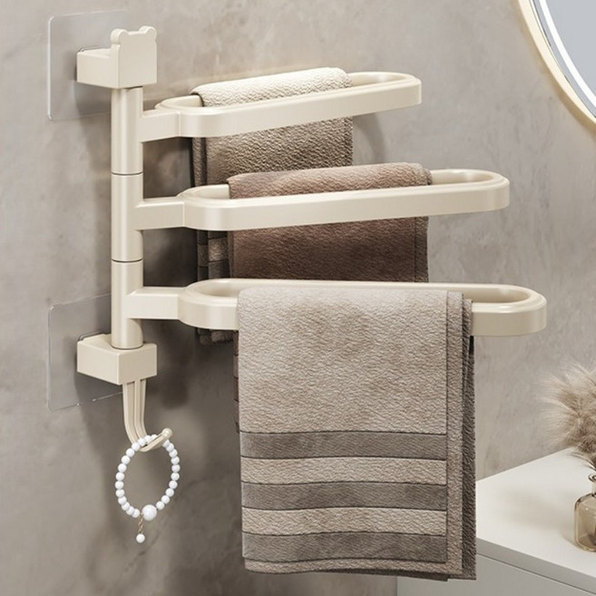 베베어스 무타공 180° 회전식 수건 걸이 화장실 욕실 주방 걸이 2단 3단 접이식 거치대, 3단 아이보리, 1개