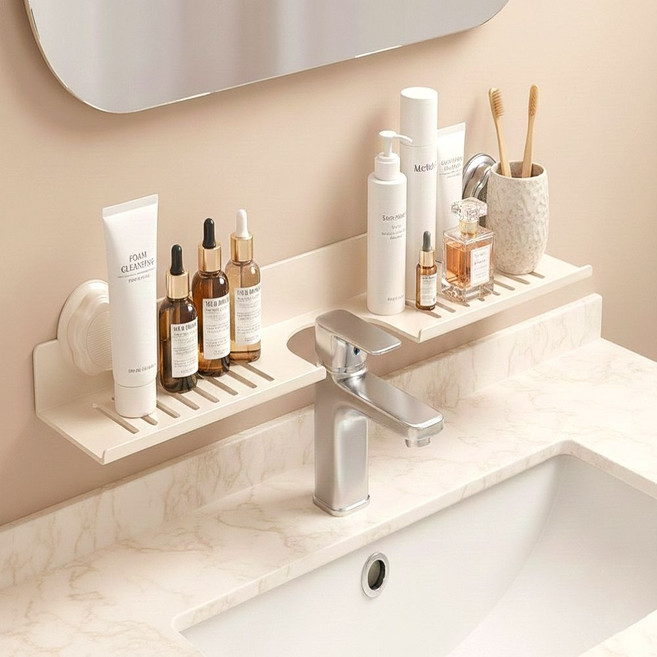 벨시온 모던 디자인 물빠짐 무타공 흡착 세면대 선반, 1개, 크림 화이트