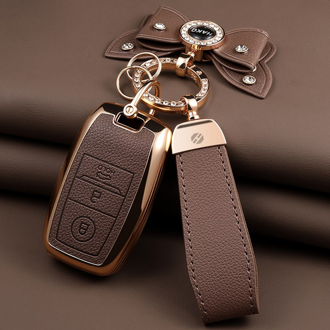 HAKO 소프트 가죽TPU 차키케이스+키홀더+리본 (기아3/4/5버튼호환), K-01, 브라운