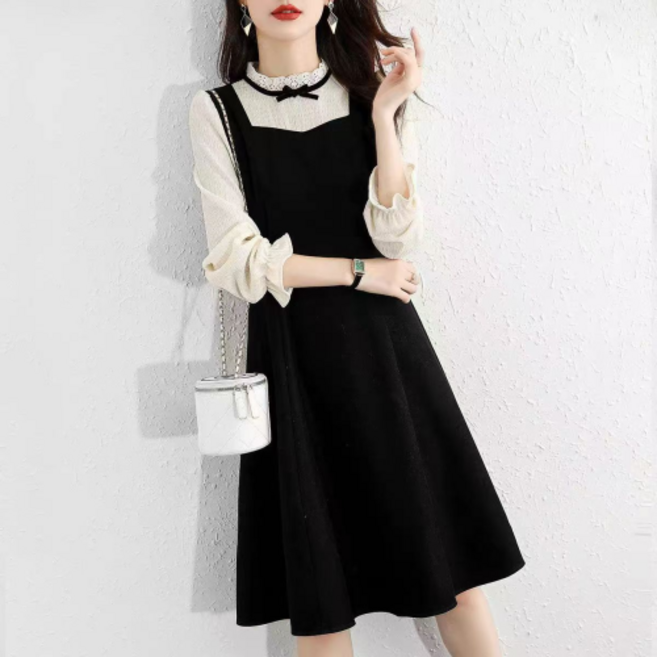 네디아 긴팔 슬림 보타이 미디 원피스 리본 스몰부터 빅사이즈까지