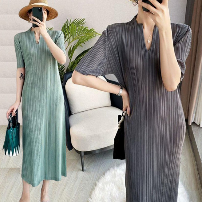 FINE ART 여자 V넥 반팔 플리츠 원피스 주름 롱원피스 쿨링 롱티 루즈핏 여름원피스 데일리