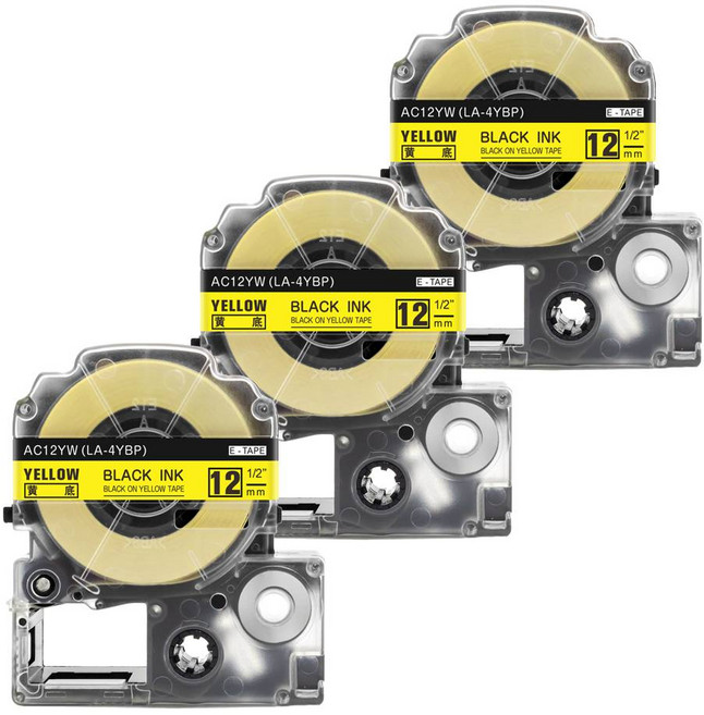 우리네라벨 엡손 라벨프린터 테이프 3개 세트 리라쿠마 프린터기 라벨기 호환 LW-K200BL LW-K200PK LW-C410 LW-C610 LW-K200BK, 12mm, 노랑바탕 검정글씨