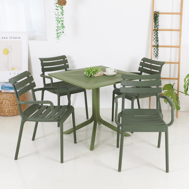 체어센스 카프리 테이블 800 사각 폴리 암체어 4인 세트, 폴리암 카키 4개, 카프리800사각 올리브그린