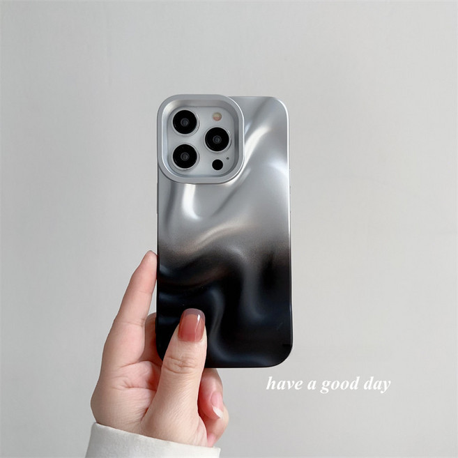 iPhone 15 Pro Max 手機殼 高級感ins銀黑漸變不規則立體波浪紋防摔保護殼