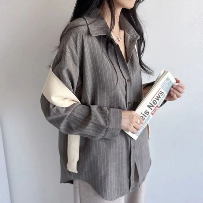 핏몬 여성 어깨숄 오버핏 스웨이드 스트라이프 셔츠