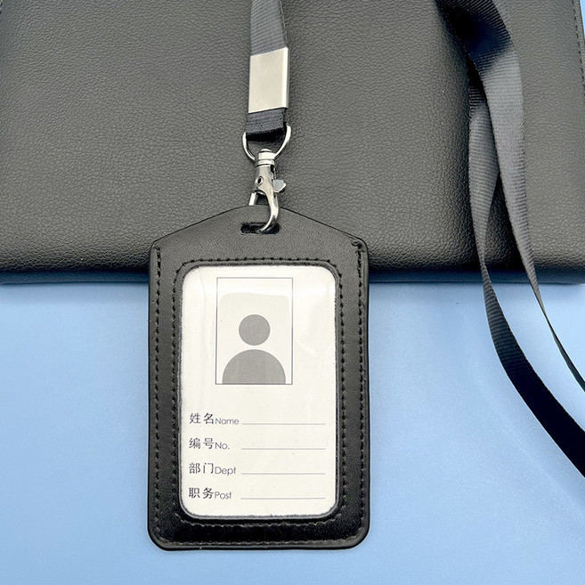真皮工作證卡套 臺北出貨 牛皮工牌 員工胸牌 定製logo 學生飯卡 帶掛繩掛脖夾子 ML013, 1個, 黑色,牛皮橫版+真皮金屬夾