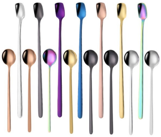 304 스테인레스 스틸 식기 세트 차 디저트 커피 아이스크림 주방 액세서리 바 도구 새로운 긴 핸들, 05 15.5cm round spoon, 05 black, 1개