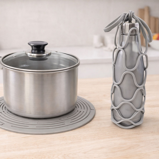 CLIN'EVER 2in1 실리콘 받침 파우치 2중기능 냄비 휴대용 텀블러 와인 다용도 파우치 스트랩 홀더, 1개, 그레이