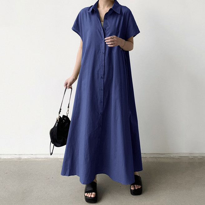 大尺碼棉麻寬鬆連衣襯衫 復古長裙長洋裝 舒適透氣展現優雅氣質, 深藍色